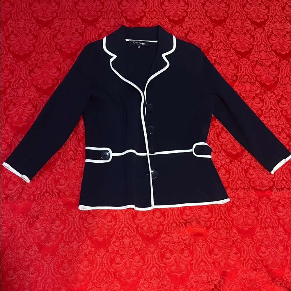 Evan Picone Navy Blazer White Trim Petite Medium PM Women’s Jacket